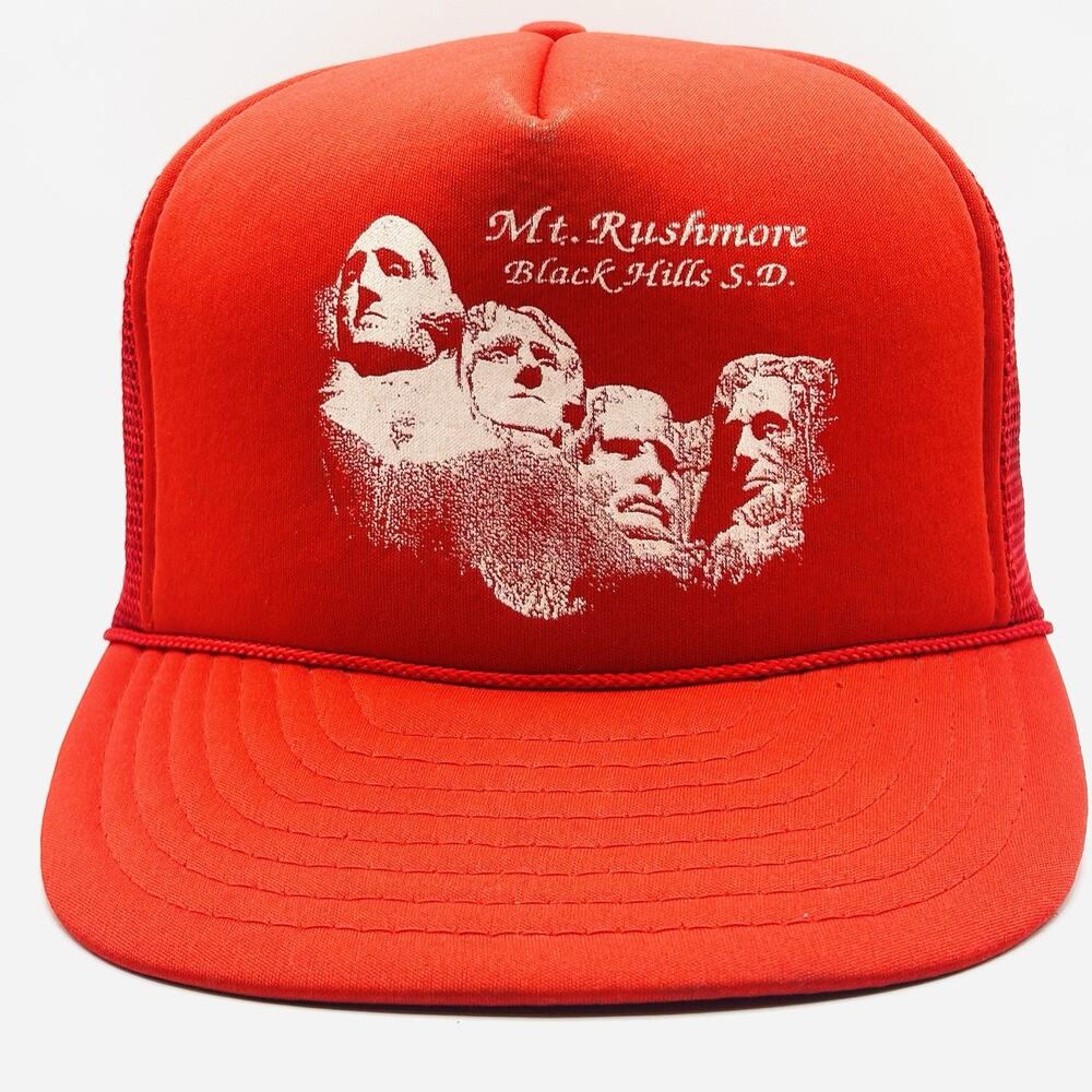 Vintage Mt. Rushmore Black Hills SD Red Trucker Snapback Hat 80s Souvenir